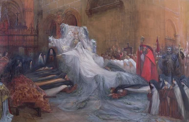 Sarah Bernhardt in de titelrol van Sint Teresa van Avila in het toneelstuk 